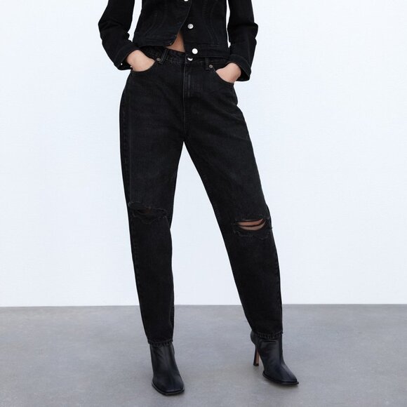 Zara Denim - Zara Ripped Mom Fit Jeans Black Denim High Rise Distressed Size 2